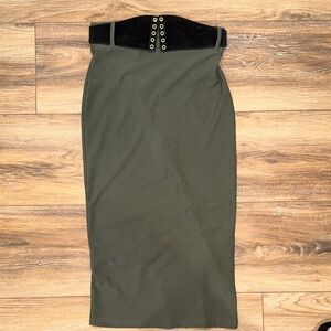High-Waist Olive Pencil Skirt with Black Contrast Waistband